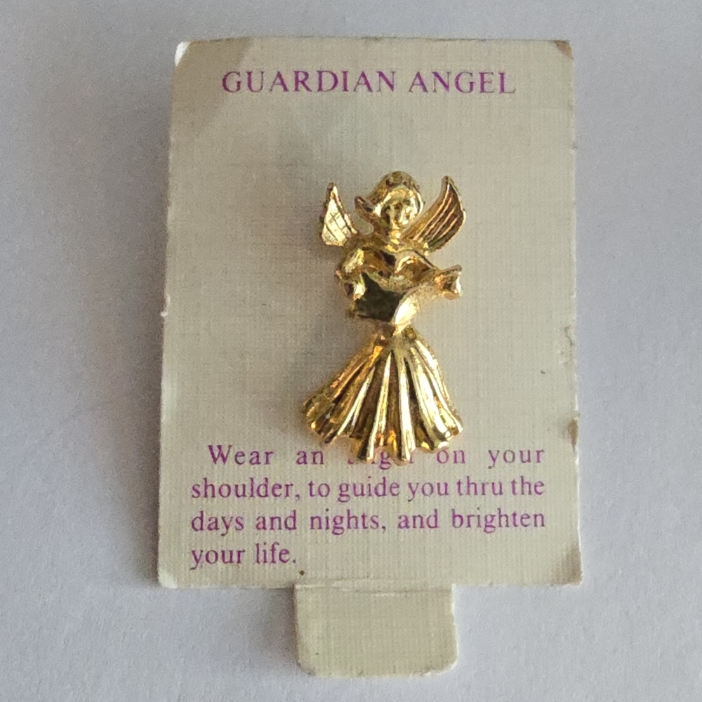 Guardian Angel pin singing gold tone choir book angle brooch tac Christian